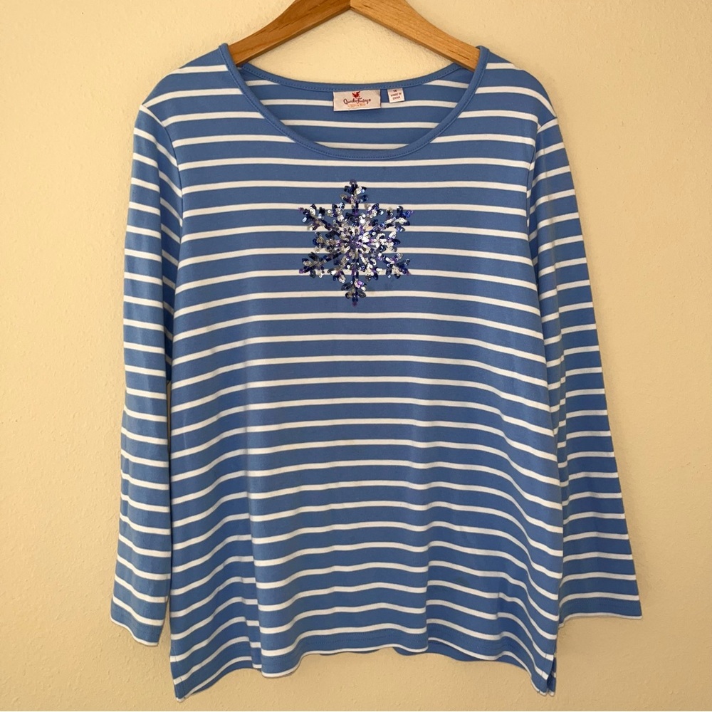 Quacker Factory Long Sleeve Top Size 1X Sequin Snowflake Blue Striped Holiday